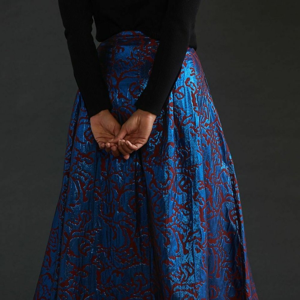 Anthropologie Maeve 4 NWT Pleated Shimmer Maxi Skirt Cocktail Metallic Blue - Picture 9 of 10